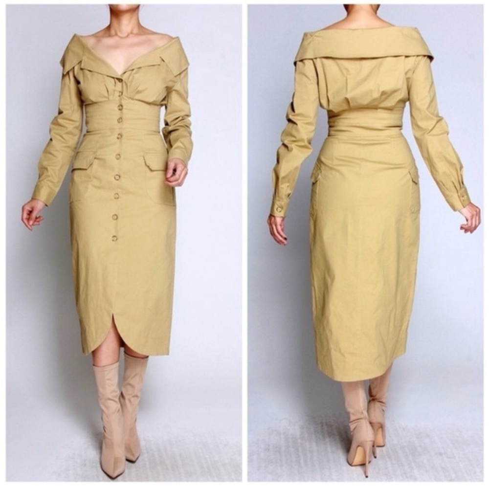 STAUD Camel Long Sleeve Button-Down Dress